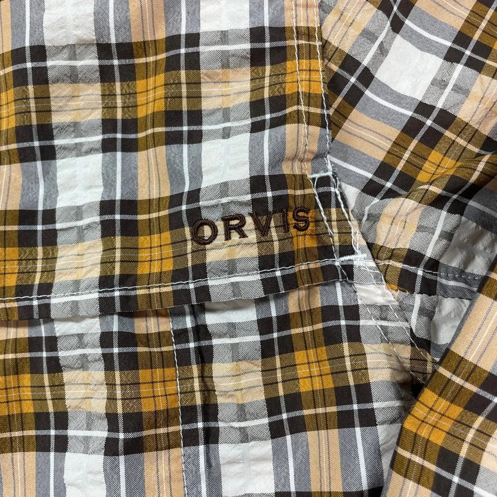 Orvis Mens Shirt L Plaid (Yellow, White, Brown, Gray) Plaid Long Sleeve